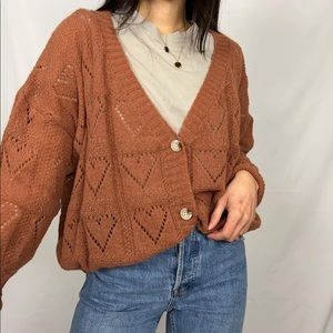 Rust eyelet heart button cardigan